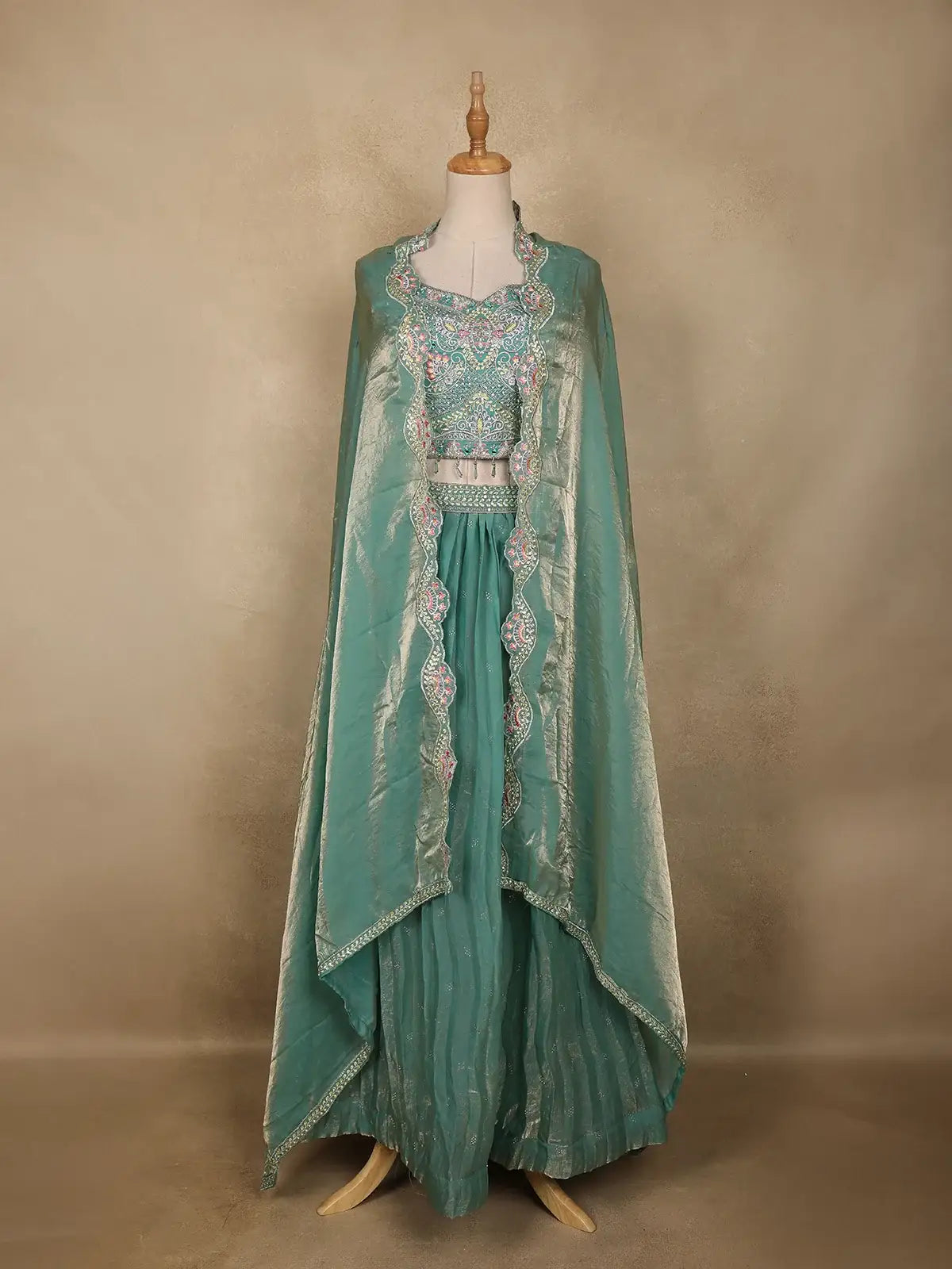 Sea Green Floral Embroidered Design Semi Organza Lehenga
