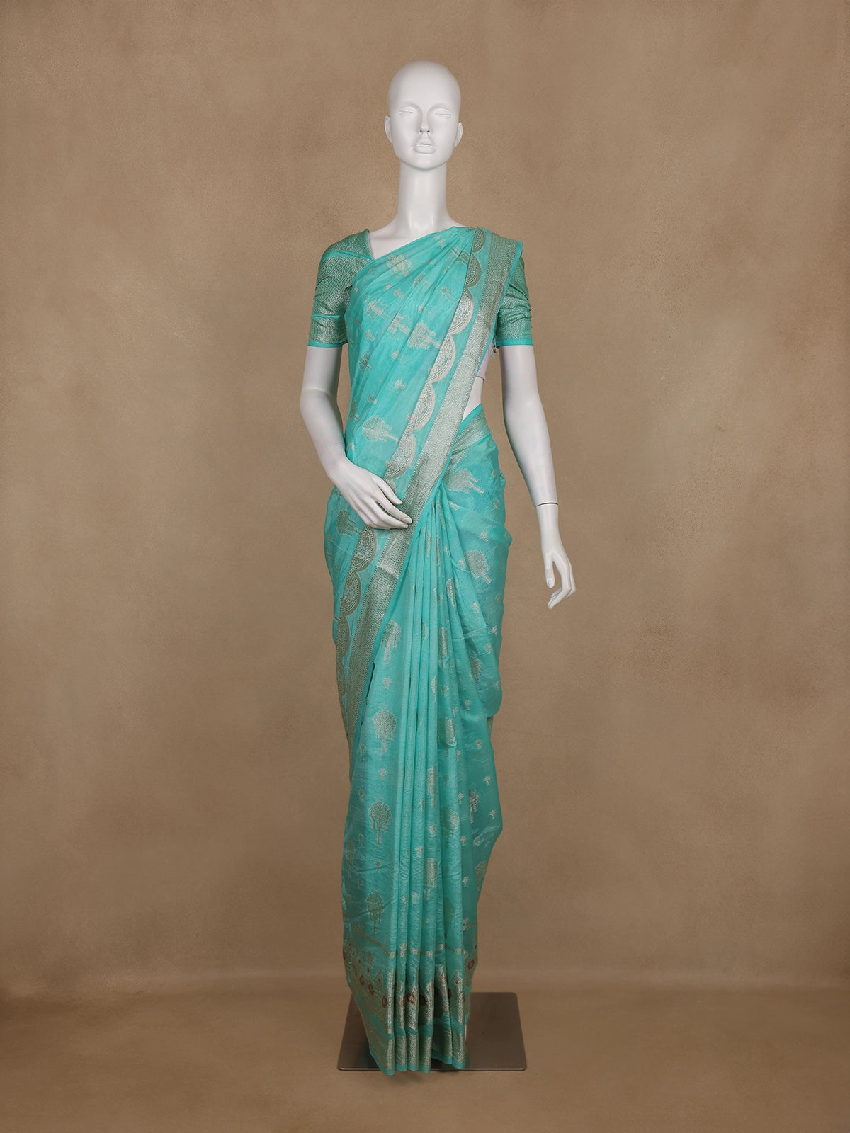 Sea Green Floral Motif Design Semi Banarasi Silk Saree