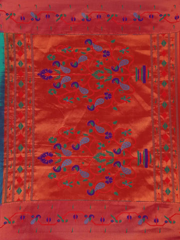 Sea Green Floral Woven Banarasi Silk Saree With Contrast Red Border - Diadem