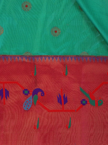 Sea Green Floral Woven Banarasi Silk Saree With Contrast Red Border - Diadem