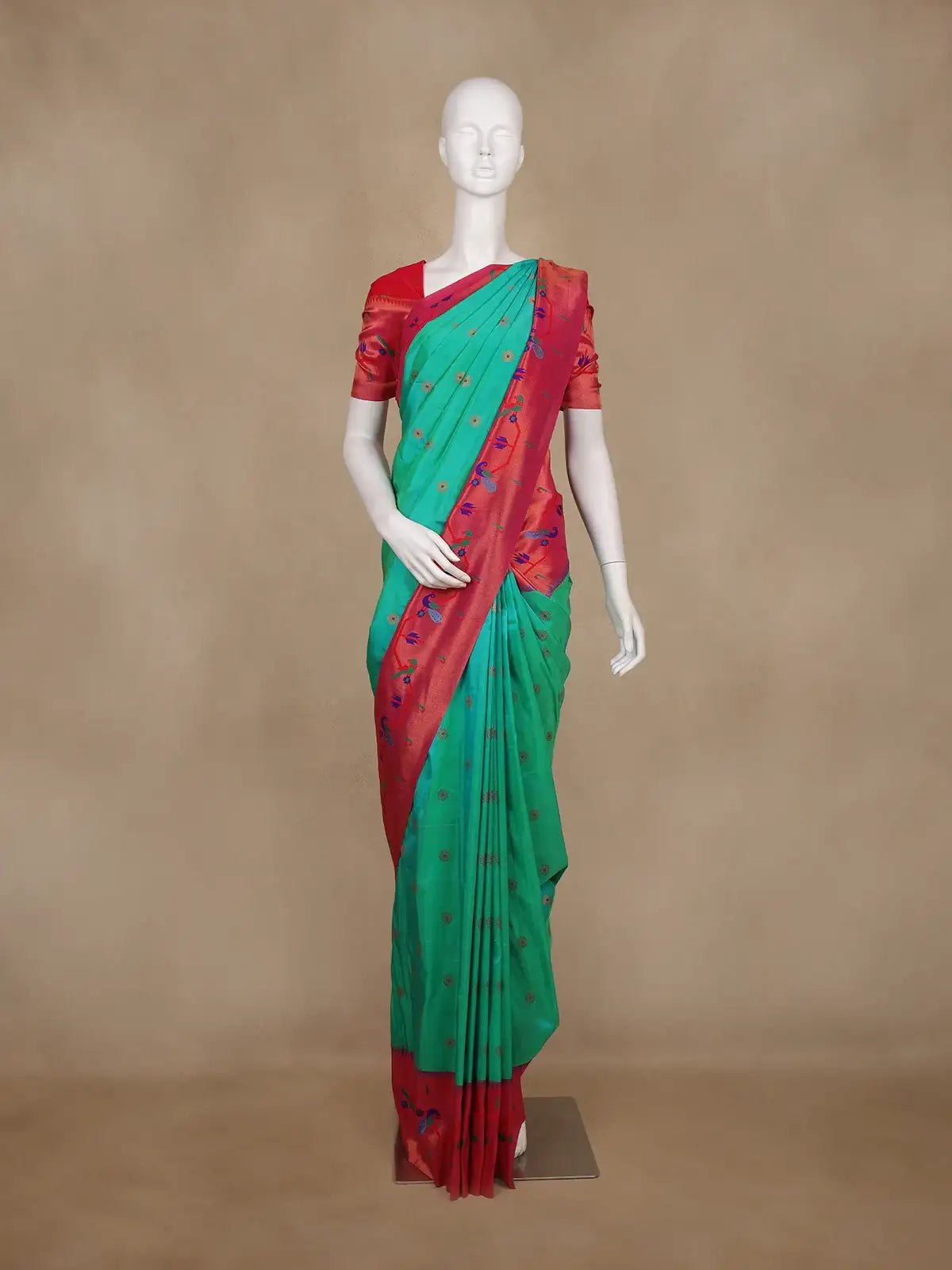 Sea Green Floral Woven Banarasi Silk Saree With Contrast Red Border - Diadem