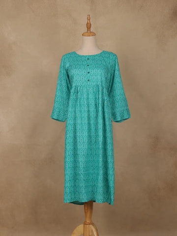 Sea Green Geometric Printed Cotton Kurti - Diadem