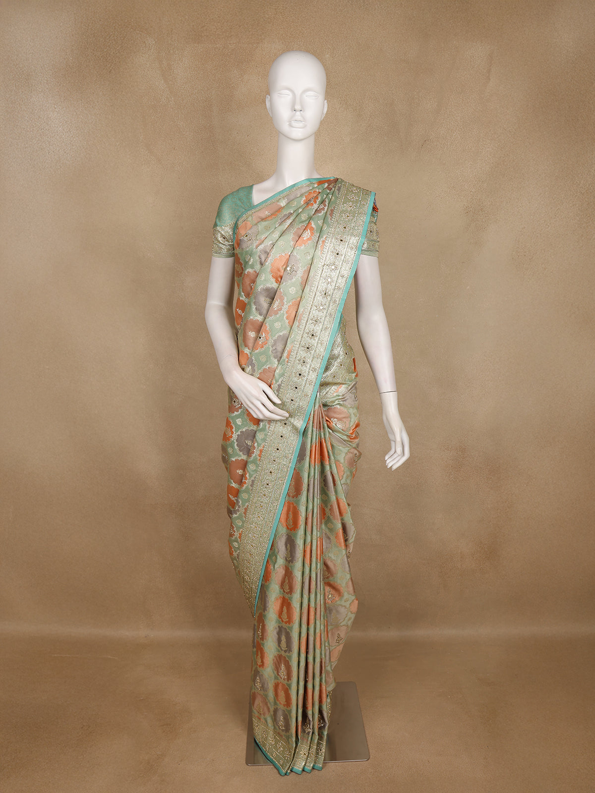 Sea Green and Peach Floral Woven Design Banarasi Saree with Designer Zari Border