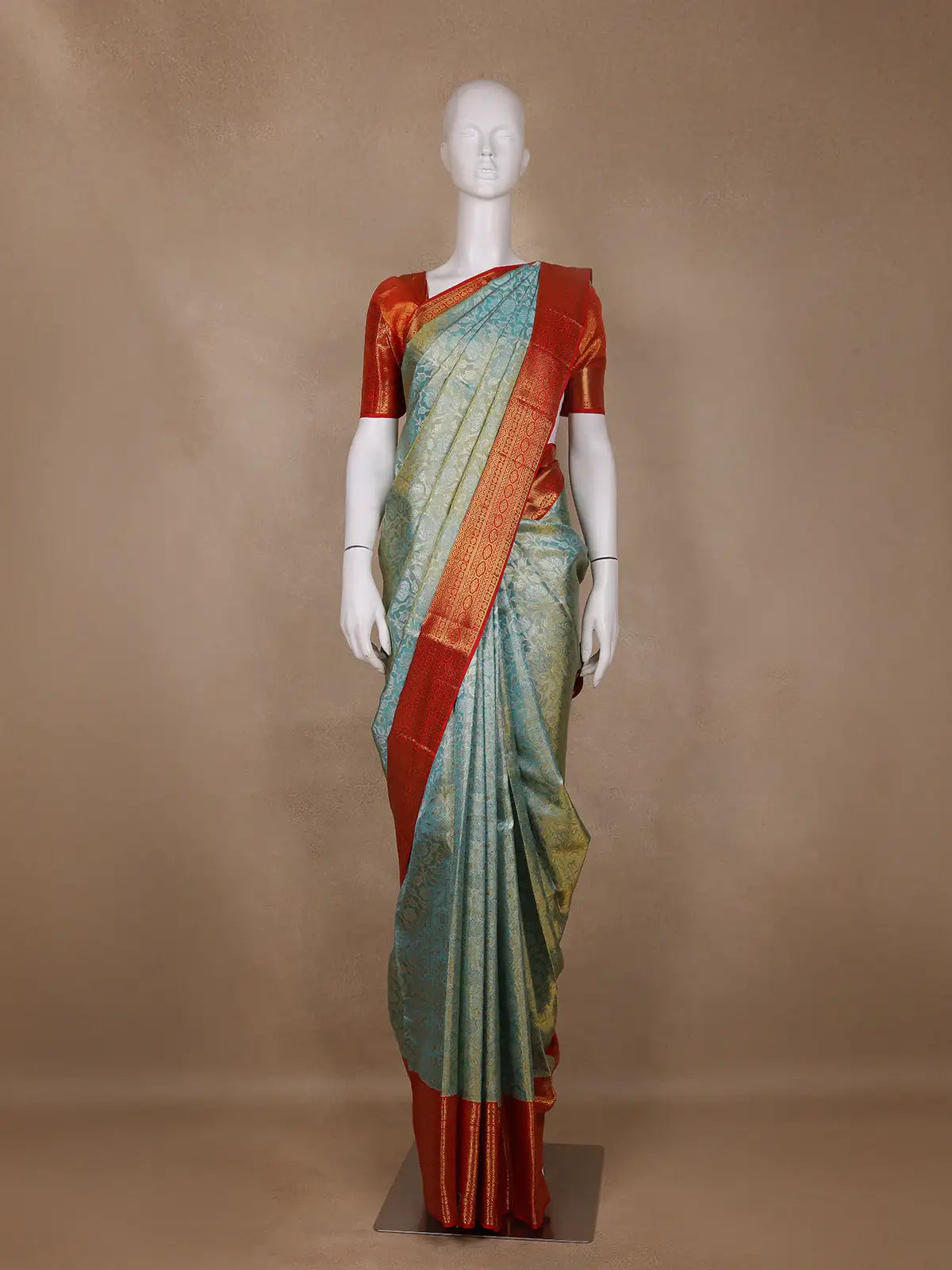 Sea Green Floral Woven Motifs Pure Kanchipuram Tissue Silk Saree - Diadem