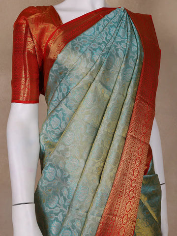 Sea Green Floral Woven Motifs Pure Kanchipuram Tissue Silk Saree - Diadem