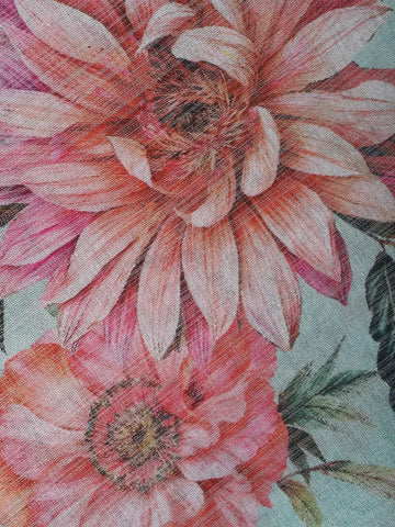 Seafoam Green Floral Digital Print Cotton Saree - Diadem