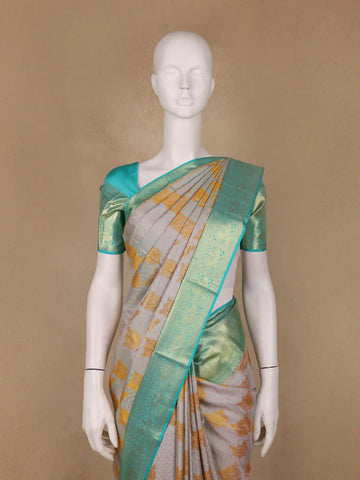 Silver Grey Floral Woven Pure Kanchipuram Silk Saree - Diadem