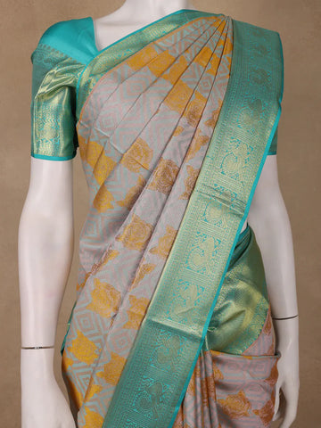 Silver Grey Floral Woven Pure Kanchipuram Silk Saree - Diadem