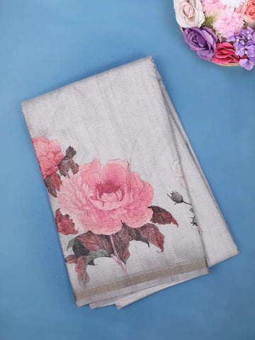 Silver Grey Floral Design Printed Cotton Saree - Diadem