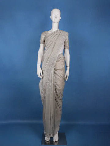 Silver Grey Sequins Beaded Embllishment Organza Saree - Diadem