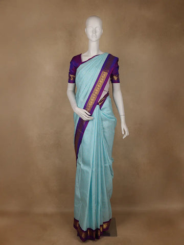Sky Blue Checked Pure Kanchipuram Silk Saree With Purple Zari Border And Pallu - Diadem