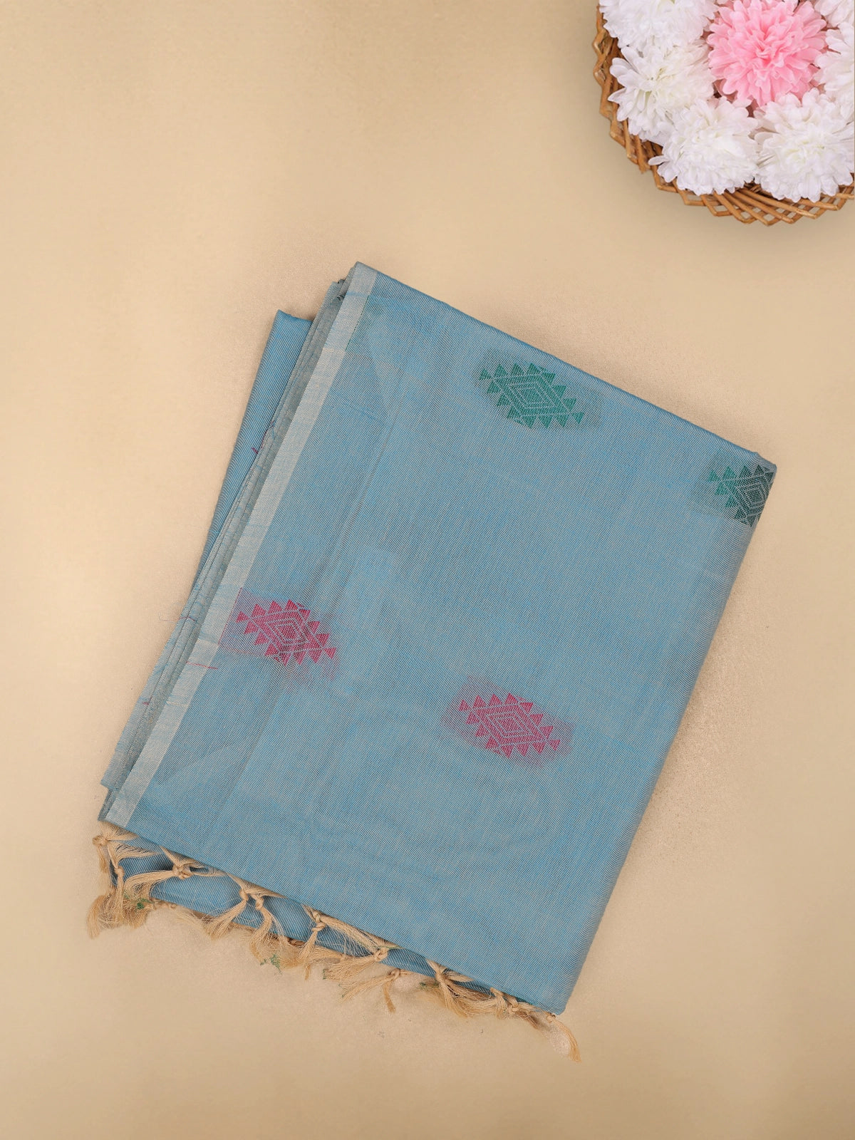 Sky Blue Diamond Butta Woven Design Cotton Saree