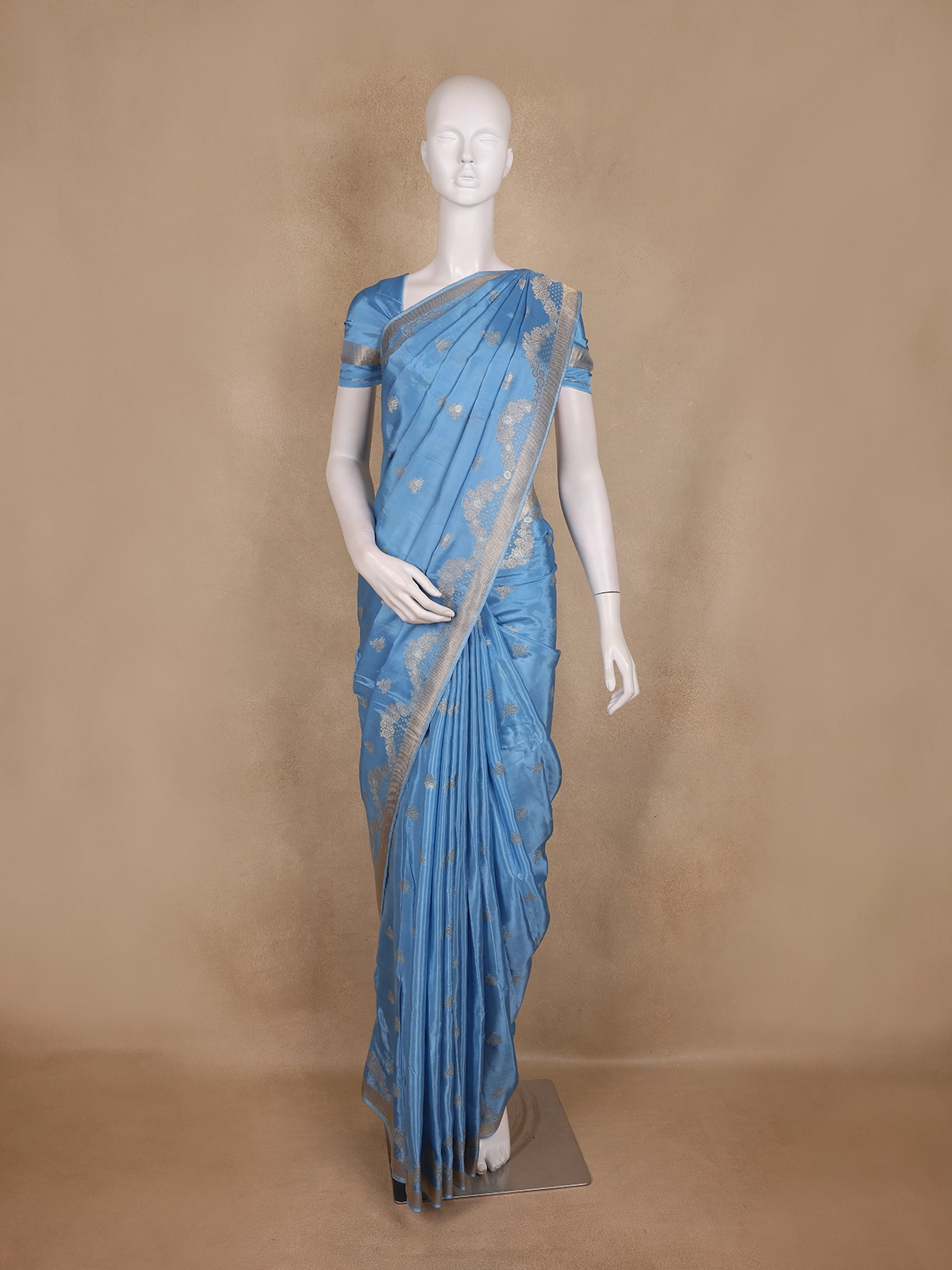 Sky Blue Floral Design Semi Banarasi Saree