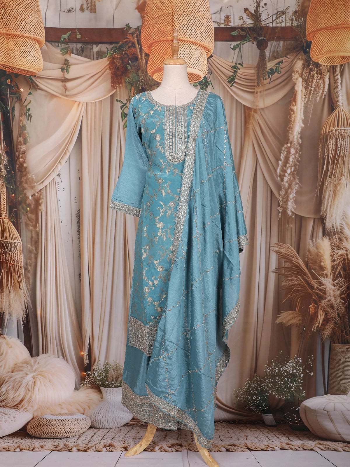 Sky Blue Floral Design Tissue Silk Straight Cut Salwar Suit with Dupatta