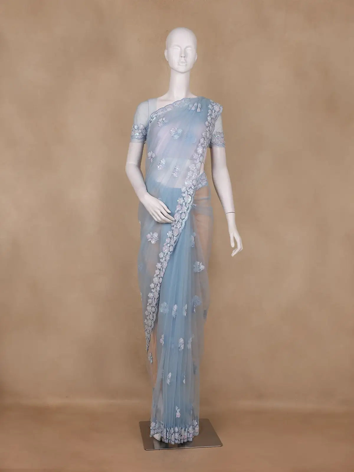 Sky Blue Floral Embroidered Design Net Saree