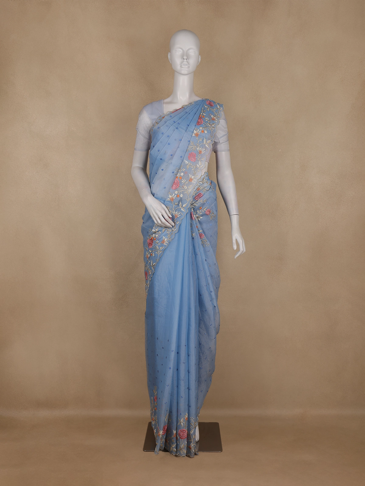 Sky Blue Floral Embroidered Semi Organza Saree