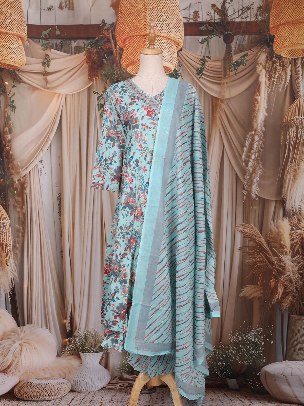 Sky Blue Floral Printed Design Cotton Anarkali Salwar Suit
