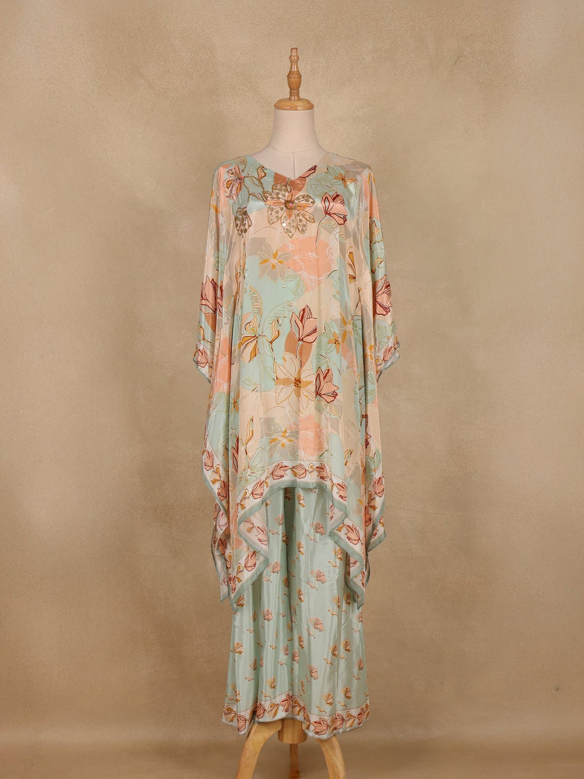Sky Blue Floral Printed Design Crepe Kaftan Suit