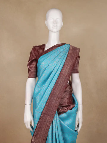 Sky Blue Floral Woven Pure Kanchipuram Silk Saree - Diadem