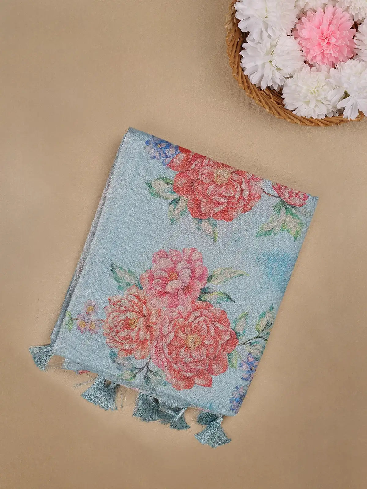 Sky Blue Green Floral Printed Fancy Cotton Saree - Diadem