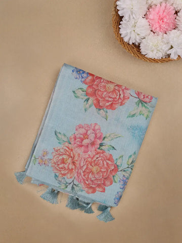 Sky Blue Green Floral Printed Fancy Cotton Saree - Diadem