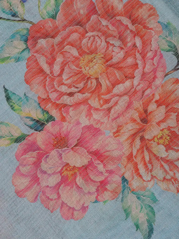 Sky Blue Green Floral Printed Fancy Cotton Saree - Diadem