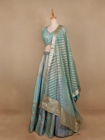 Sky Blue Banarasi Silk Mirror Work Bridesmaids Lehenga - Diadem