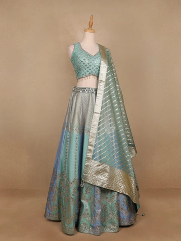 Sky Blue Banarasi Silk Mirror Work Bridesmaids Lehenga - Diadem