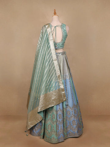 Sky Blue Banarasi Silk Mirror Work Bridesmaids Lehenga - Diadem