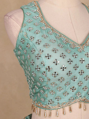 Sky Blue Banarasi Silk Mirror Work Bridesmaids Lehenga - Diadem