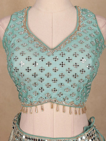 Sky Blue Banarasi Silk Mirror Work Bridesmaids Lehenga - Diadem