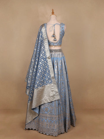 Sky Blue Banarasi Silk Mirror Work Bridesmaids Lehenga - Diadem