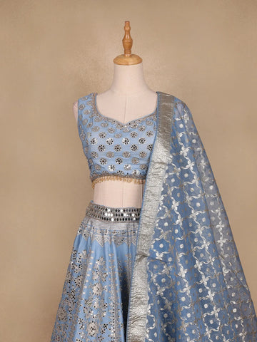 Sky Blue Banarasi Silk Mirror Work Bridesmaids Lehenga - Diadem