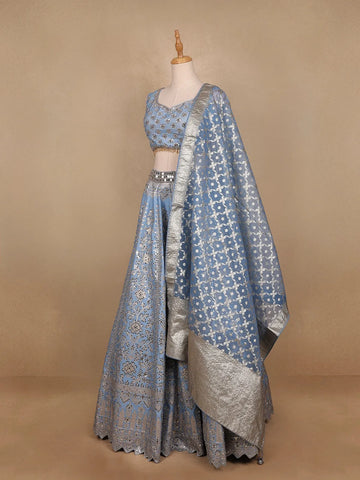 Sky Blue Banarasi Silk Mirror Work Bridesmaids Lehenga - Diadem