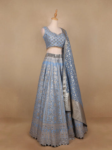 Sky Blue Banarasi Silk Mirror Work Bridesmaids Lehenga - Diadem
