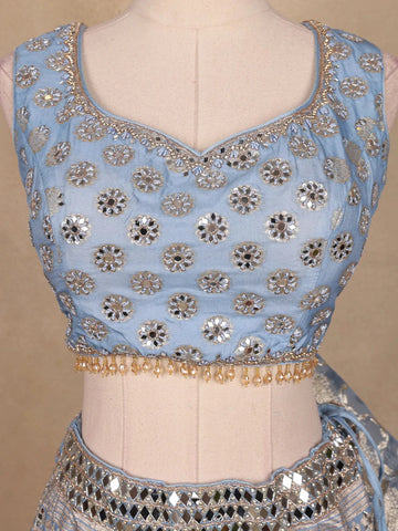 Sky Blue Banarasi Silk Mirror Work Bridesmaids Lehenga - Diadem