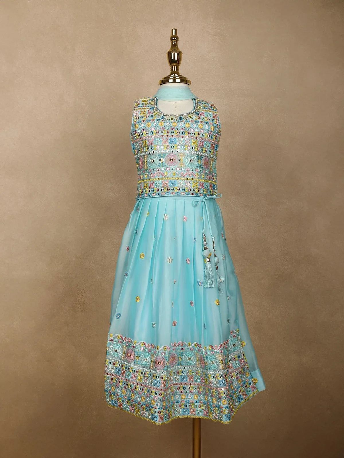 Sky Blue Floral Designed Chiffon Lehenga - Diadem