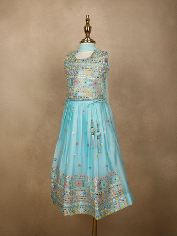 Sky Blue Floral Designed Chiffon Lehenga - Diadem