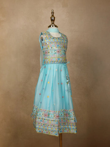 Sky Blue Floral Designed Chiffon Lehenga - Diadem
