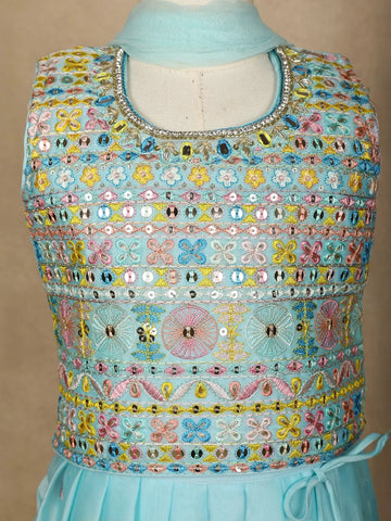 Sky Blue Floral Designed Chiffon Lehenga - Diadem