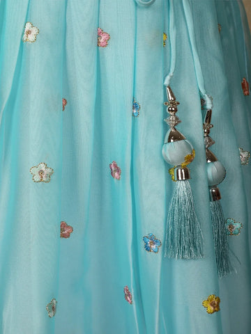 Sky Blue Floral Designed Chiffon Lehenga - Diadem