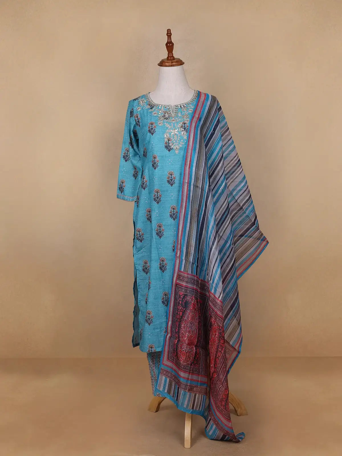 Sky Blue Floral Designed Cotton Rayon Salwar Suit - Diadem