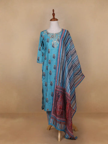 Sky Blue Floral Designed Cotton Rayon Salwar Suit - Diadem