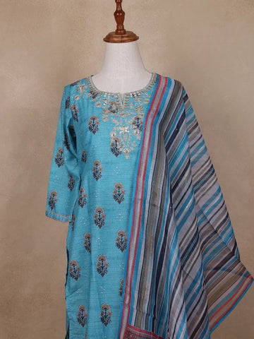Sky Blue Floral Designed Cotton Rayon Salwar Suit - Diadem