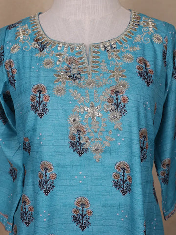 Sky Blue Floral Designed Cotton Rayon Salwar Suit - Diadem