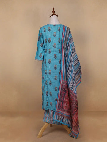 Sky Blue Floral Designed Cotton Rayon Salwar Suit - Diadem