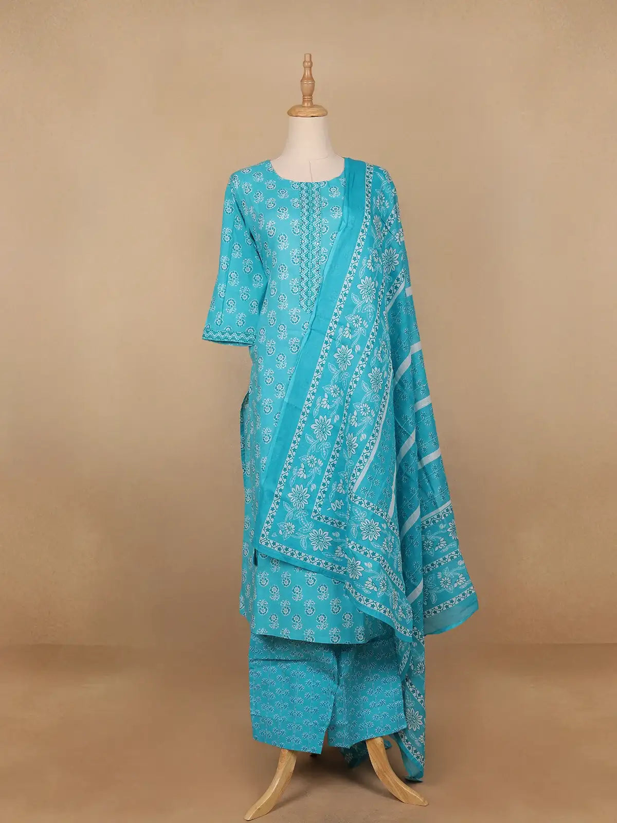 Sky Blue Floral Designed Cotton Salwar Suit - Diadem