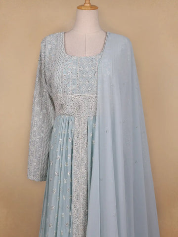 Sky Blue Floral Designed Georgette Gown - Diadem