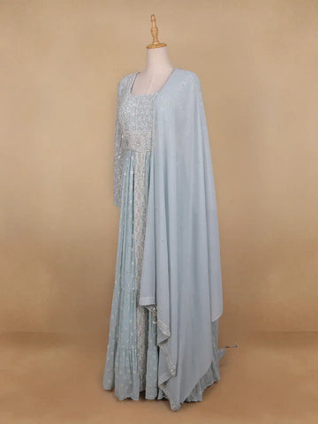 Sky Blue Floral Designed Georgette Gown - Diadem