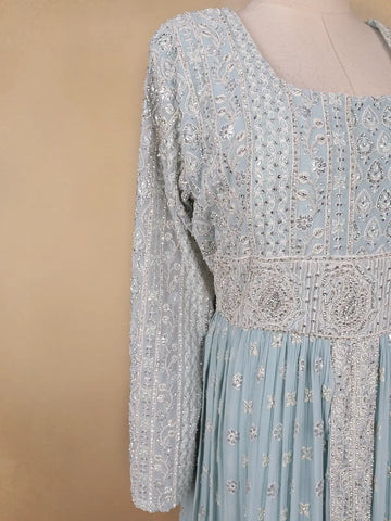 Sky Blue Floral Designed Georgette Gown - Diadem